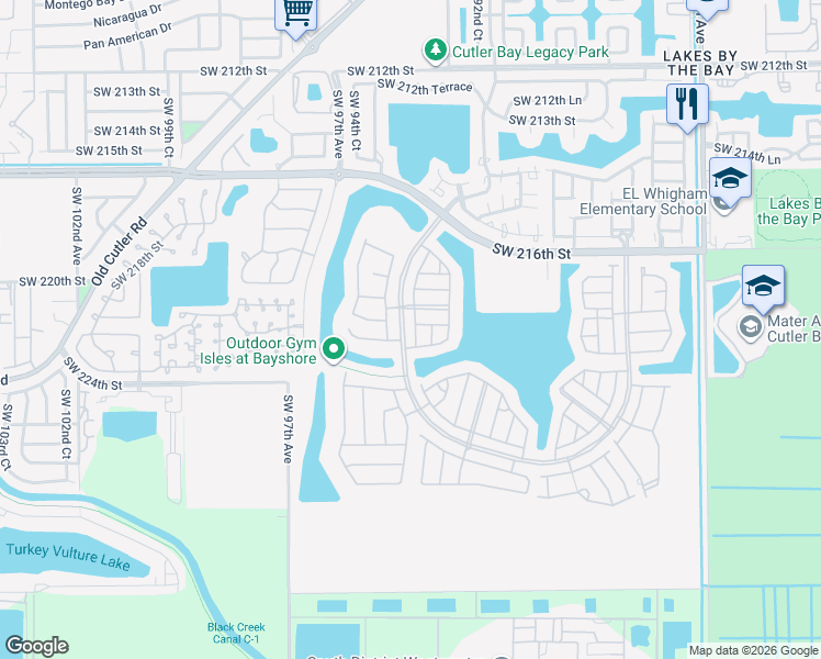 map of restaurants, bars, coffee shops, grocery stores, and more near 22130 Southwest 93rd Place in Cutler Bay