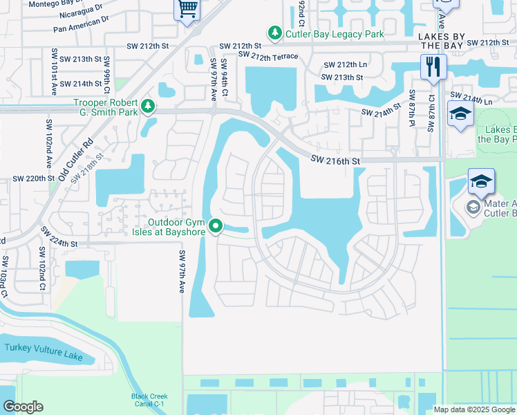 map of restaurants, bars, coffee shops, grocery stores, and more near 22140 Southwest 93rd Place in Cutler Bay