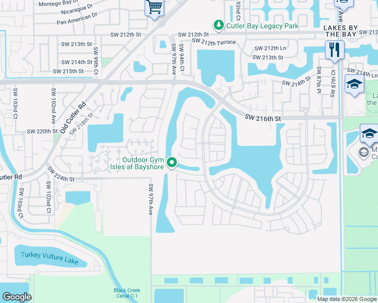 map of restaurants, bars, coffee shops, grocery stores, and more near 9468 Southwest 221st Lane in Cutler Bay