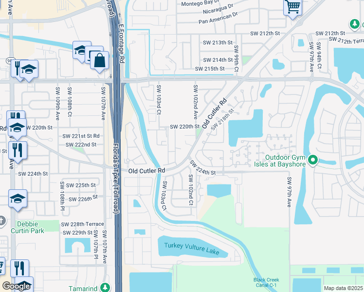 map of restaurants, bars, coffee shops, grocery stores, and more near 22225 Southwest 103rd Avenue in Cutler Bay