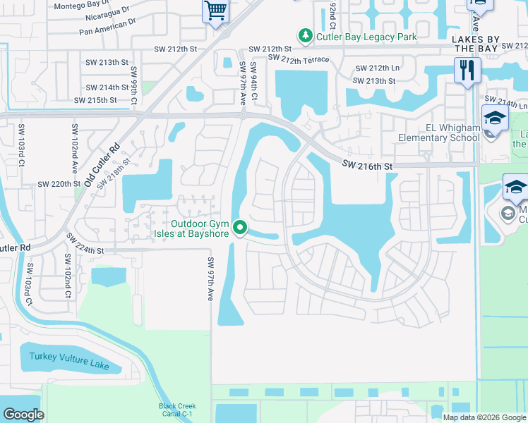 map of restaurants, bars, coffee shops, grocery stores, and more near 9468 Southwest 221st Lane in Cutler Bay