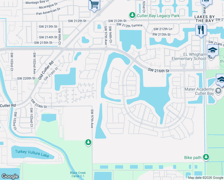 map of restaurants, bars, coffee shops, grocery stores, and more near 9468 Southwest 221st Lane in Cutler Bay