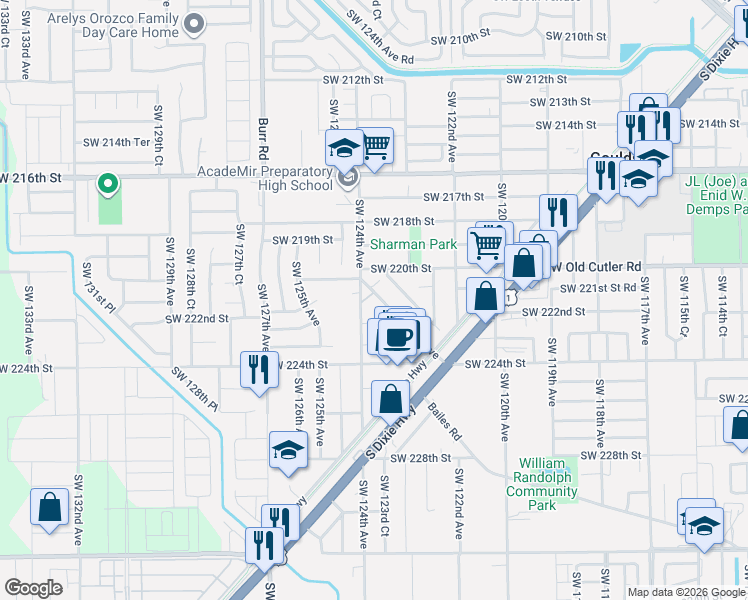 map of restaurants, bars, coffee shops, grocery stores, and more near 22101 Southwest 124th Avenue in Goulds