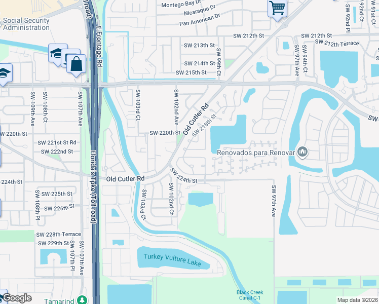 map of restaurants, bars, coffee shops, grocery stores, and more near 10058 Southwest 221st Street in Cutler Bay
