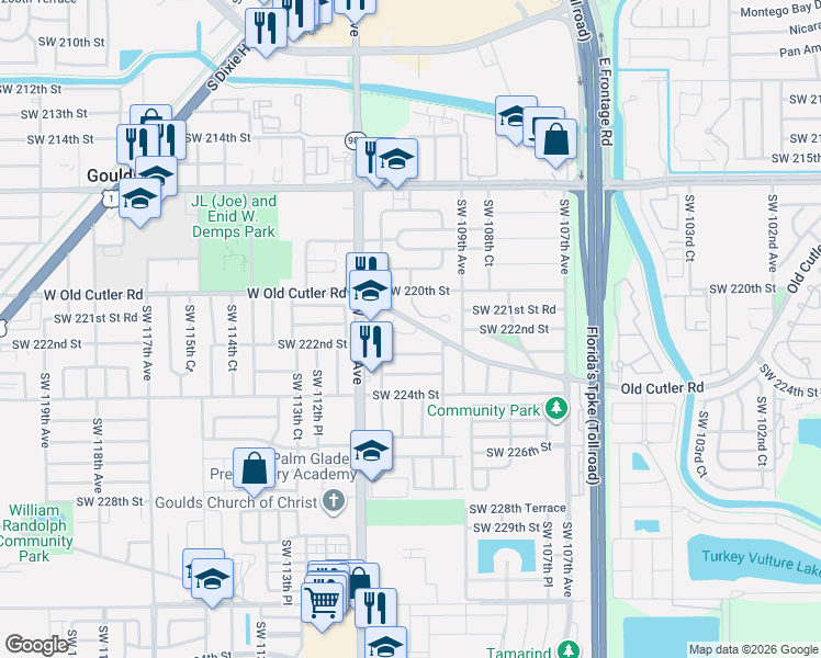 map of restaurants, bars, coffee shops, grocery stores, and more near 11035 Southwest 221st Terrace in Miami
