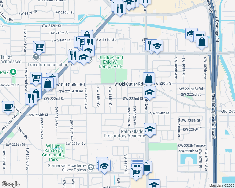 map of restaurants, bars, coffee shops, grocery stores, and more near 22055 Southwest 114th Avenue in Miami
