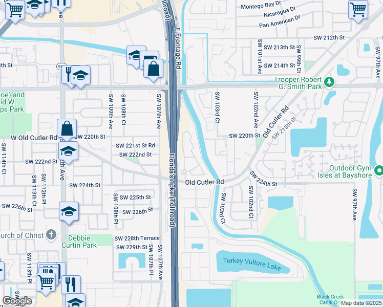 map of restaurants, bars, coffee shops, grocery stores, and more near 10407 Old Cutler Road in Cutler Bay