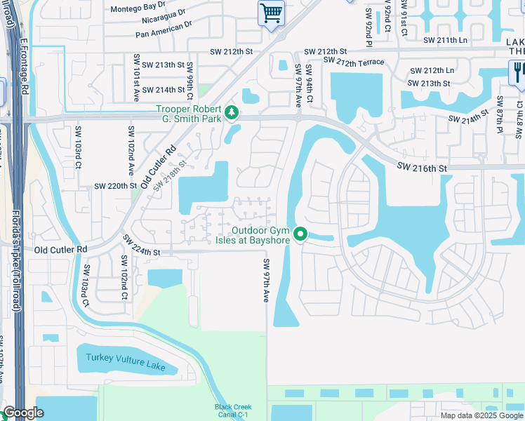 map of restaurants, bars, coffee shops, grocery stores, and more near 22182 Southwest 97th Court in Cutler Bay