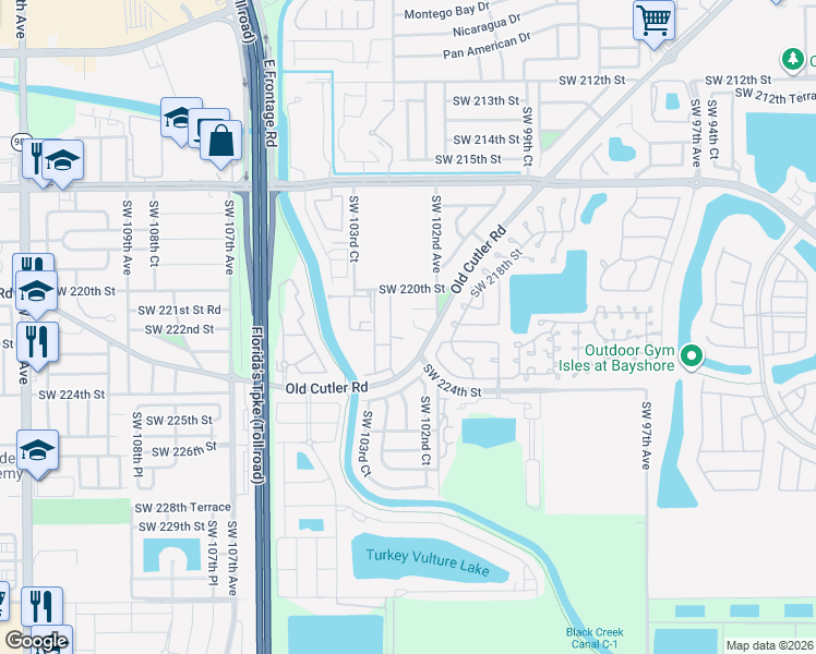map of restaurants, bars, coffee shops, grocery stores, and more near 22160 Old Cutler Road in Miami