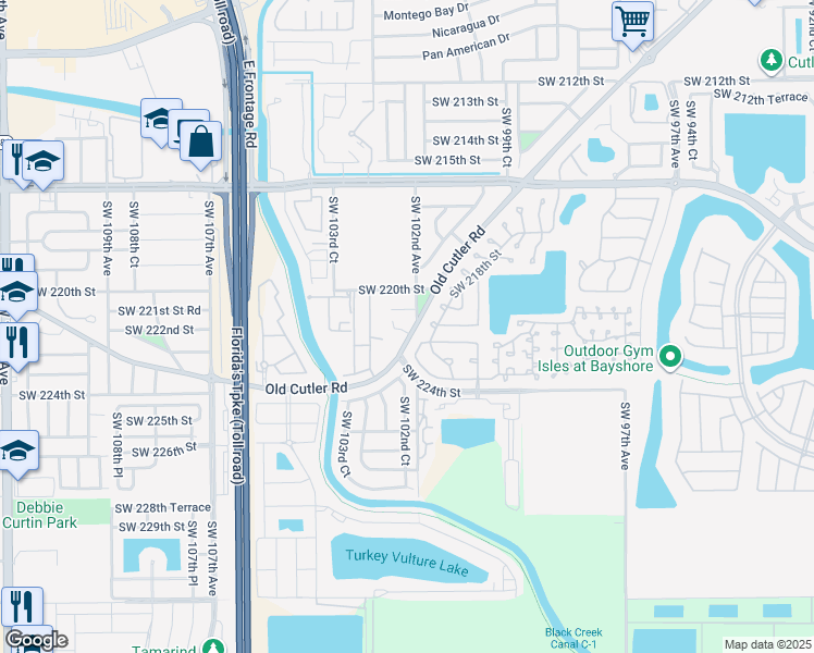 map of restaurants, bars, coffee shops, grocery stores, and more near 22160 Old Cutler Road in Miami