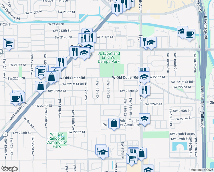 map of restaurants, bars, coffee shops, grocery stores, and more near 22110 Southwest 114th Court in Miami