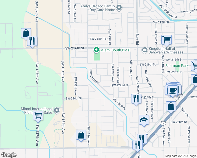 map of restaurants, bars, coffee shops, grocery stores, and more near 22040 Southwest 130th Avenue in Miami