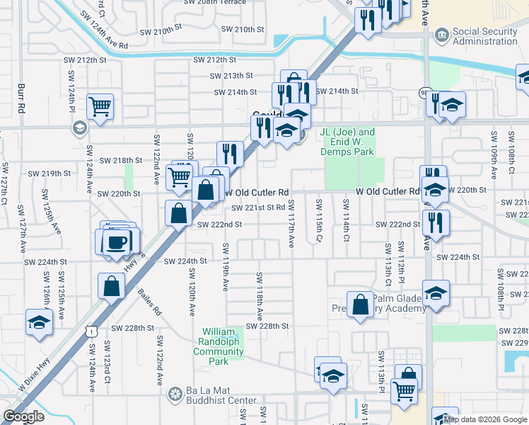 map of restaurants, bars, coffee shops, grocery stores, and more near 11780 Southwest 221st Street in Goulds