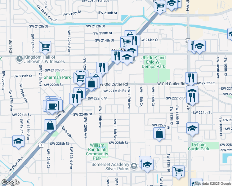 map of restaurants, bars, coffee shops, grocery stores, and more near 11780 Southwest 221st Street in Goulds