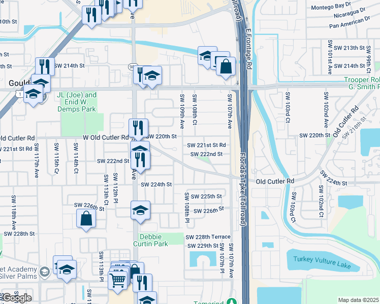 map of restaurants, bars, coffee shops, grocery stores, and more near 10861 Southwest 222nd Street in Miami