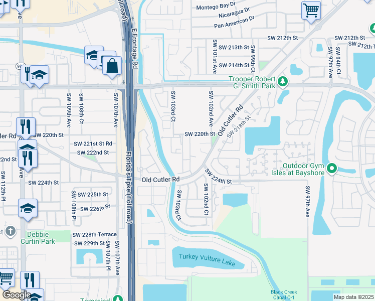 map of restaurants, bars, coffee shops, grocery stores, and more near 22138 Southwest 103rd Avenue in Cutler Bay