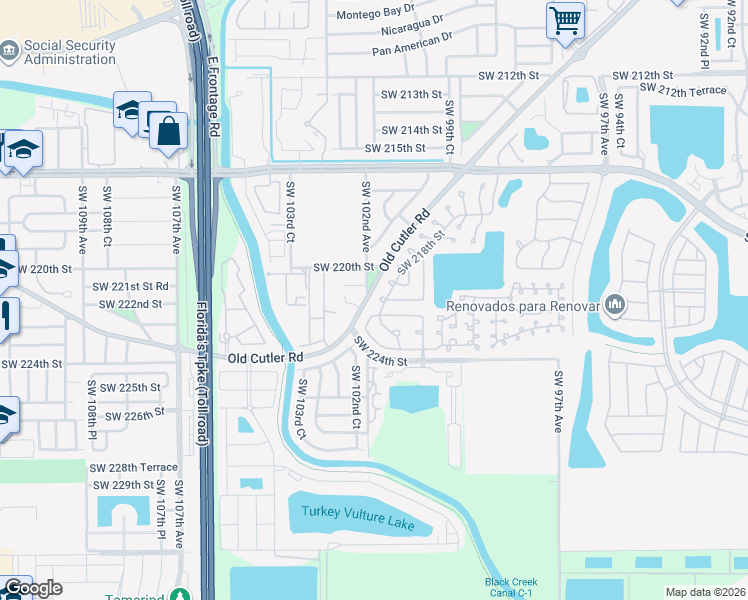 map of restaurants, bars, coffee shops, grocery stores, and more near 10058 Southwest 221st Street in Cutler Bay