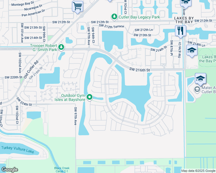 map of restaurants, bars, coffee shops, grocery stores, and more near 22130 Southwest 93rd Place in Cutler Bay