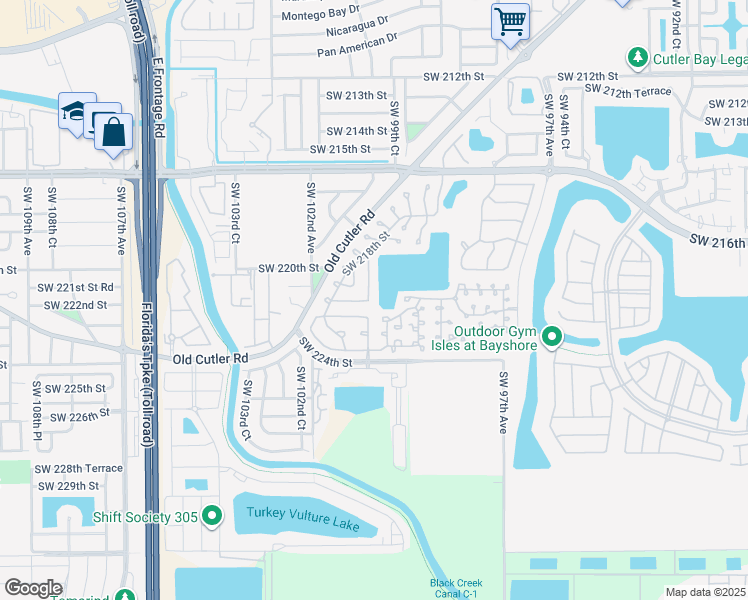 map of restaurants, bars, coffee shops, grocery stores, and more near 22101 Southwest 100th Place in Cutler Bay