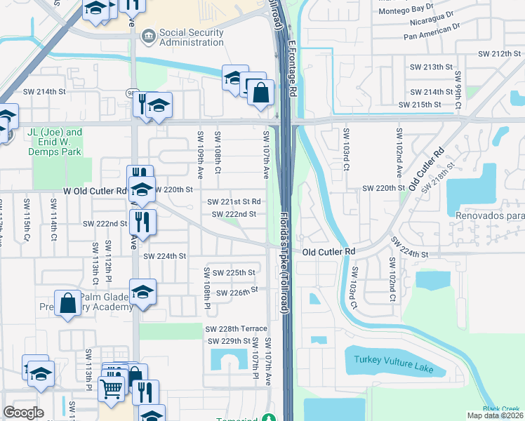 map of restaurants, bars, coffee shops, grocery stores, and more near 22170 Southwest 107th Avenue in Miami