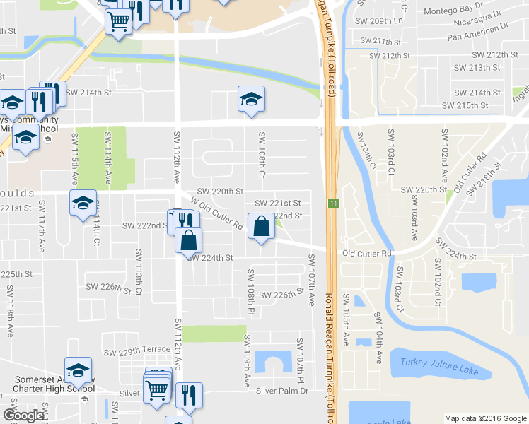 map of restaurants, bars, coffee shops, grocery stores, and more near 10831 Southwest 222nd Street in Miami