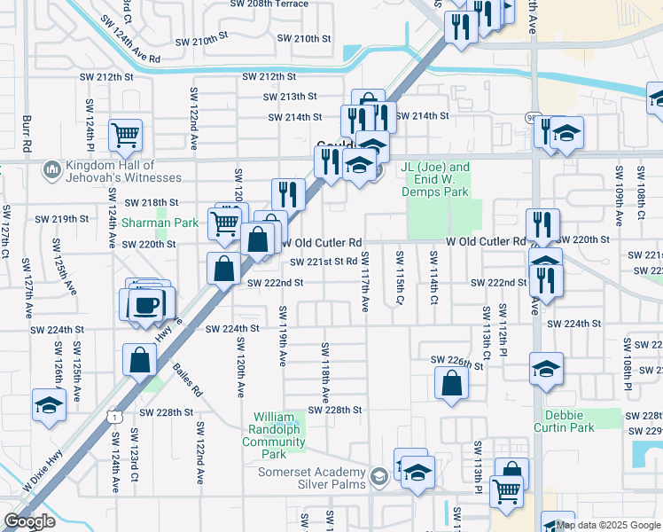 map of restaurants, bars, coffee shops, grocery stores, and more near 11780 Southwest 221st Street in Goulds