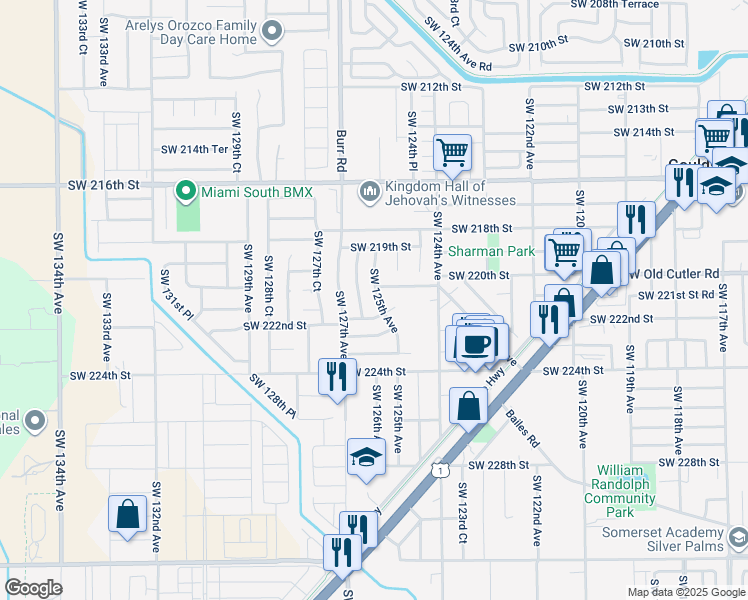map of restaurants, bars, coffee shops, grocery stores, and more near 22044 Southwest 125th Avenue in Miami