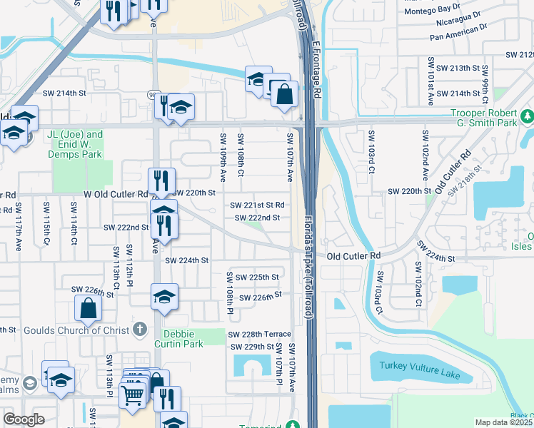 map of restaurants, bars, coffee shops, grocery stores, and more near 10765 Southwest 222nd Street in Miami