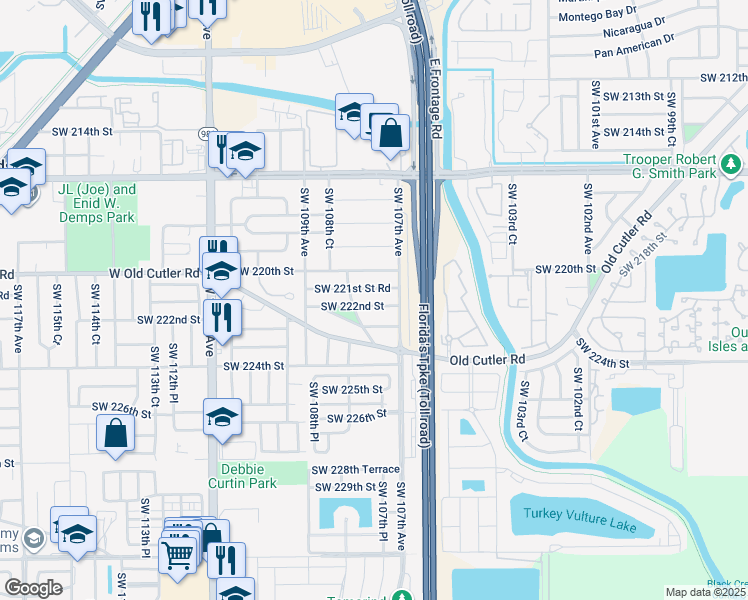 map of restaurants, bars, coffee shops, grocery stores, and more near 10765 Southwest 222nd Street in Miami