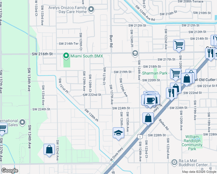 map of restaurants, bars, coffee shops, grocery stores, and more near 22040 Southwest 127th Avenue in Miami