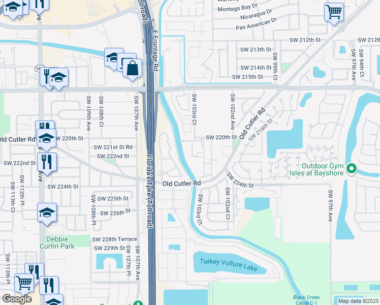 map of restaurants, bars, coffee shops, grocery stores, and more near 10370 Southwest 220th Street in Cutler Bay
