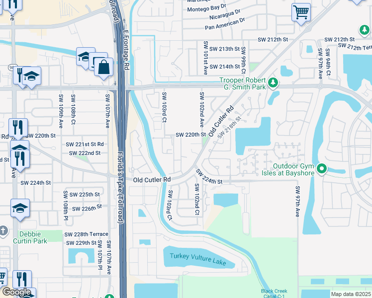 map of restaurants, bars, coffee shops, grocery stores, and more near 22138 Southwest 103rd Avenue in Cutler Bay