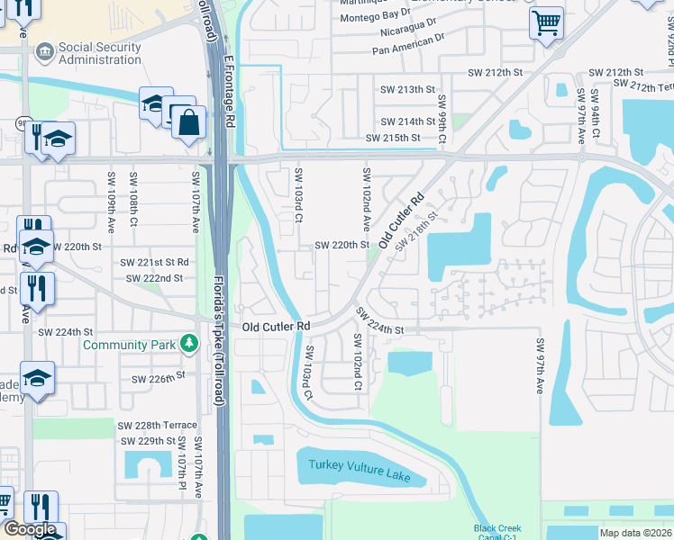 map of restaurants, bars, coffee shops, grocery stores, and more near 22133 Southwest 103rd Avenue in Cutler Bay