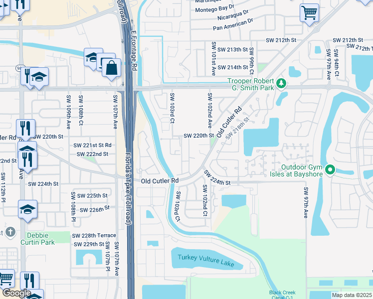 map of restaurants, bars, coffee shops, grocery stores, and more near 22126 Southwest 103rd Avenue in Miami