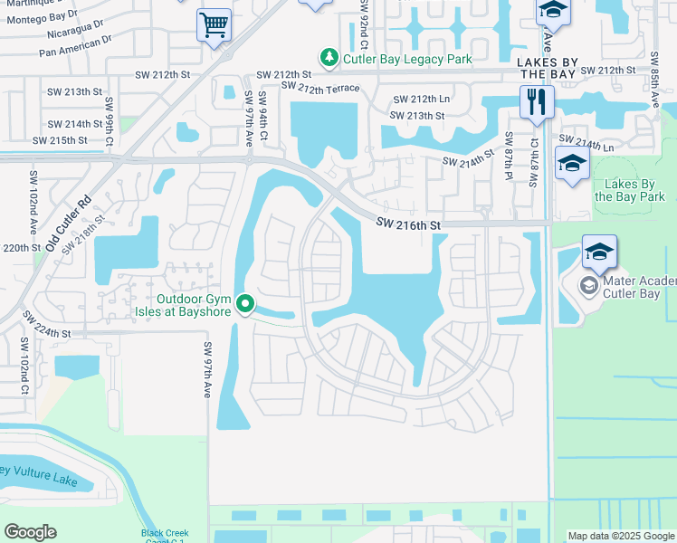 map of restaurants, bars, coffee shops, grocery stores, and more near 9265 Southwest 221st Street in Cutler Bay