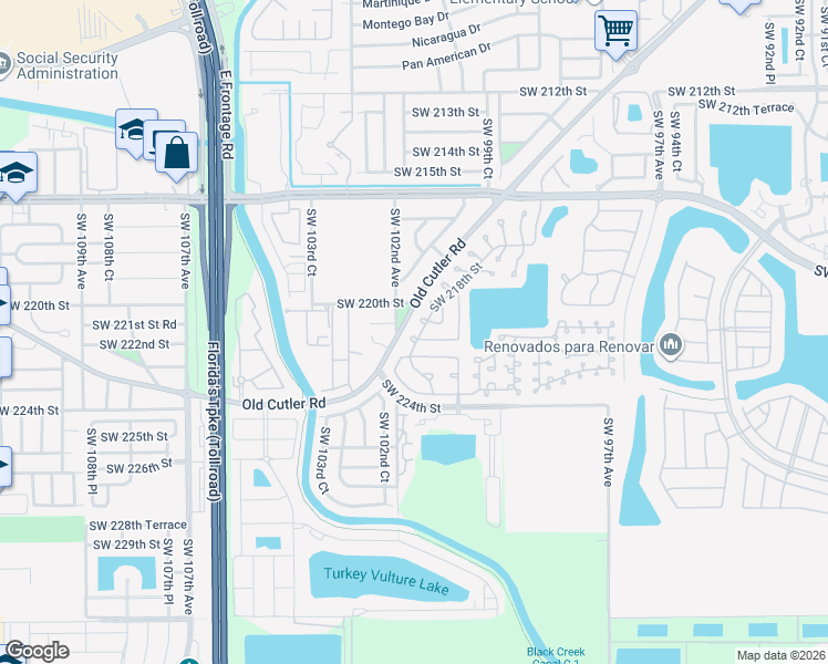 map of restaurants, bars, coffee shops, grocery stores, and more near 10058 Southwest 221st Street in Cutler Bay