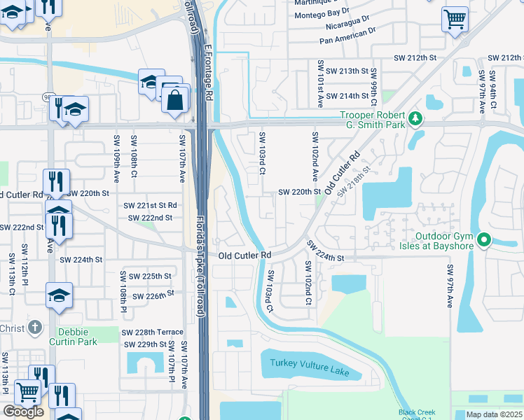 map of restaurants, bars, coffee shops, grocery stores, and more near 10370 Southwest 220th Street in Cutler Bay