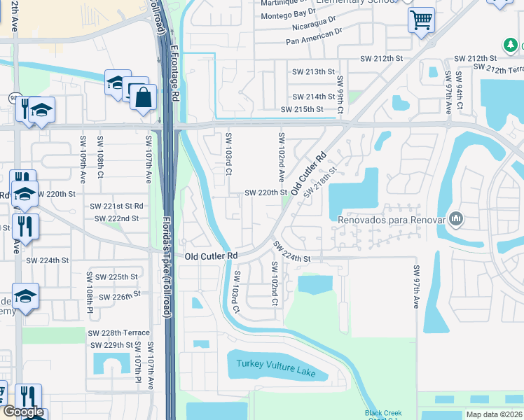 map of restaurants, bars, coffee shops, grocery stores, and more near 22109 Southwest 103rd Avenue in Cutler Bay