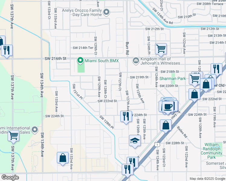 map of restaurants, bars, coffee shops, grocery stores, and more near 22053 Southwest 128th Avenue in Miami
