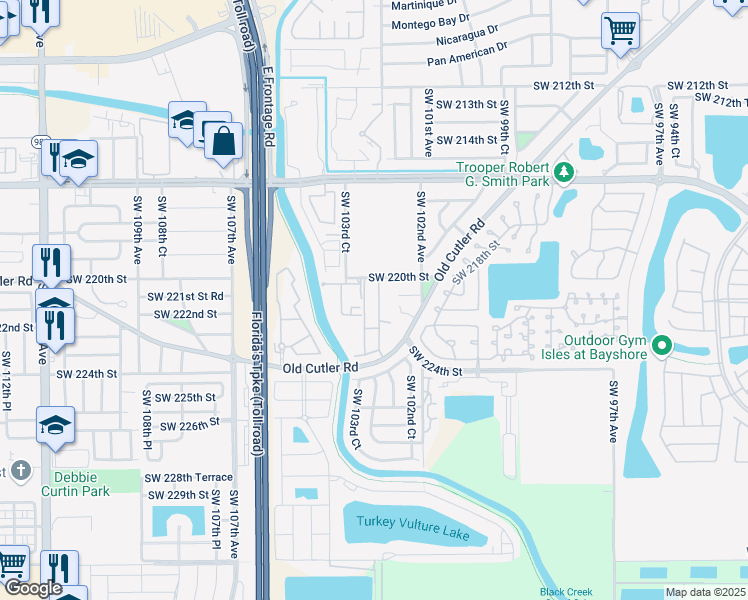 map of restaurants, bars, coffee shops, grocery stores, and more near 22114 Southwest 103rd Avenue in Miami