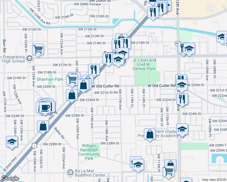 map of restaurants, bars, coffee shops, grocery stores, and more near 11737 Southwest 221st Street in Goulds