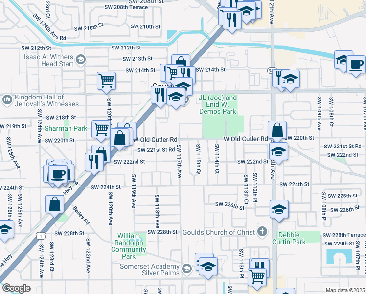 map of restaurants, bars, coffee shops, grocery stores, and more near 22025 Southwest 117th Avenue in Miami