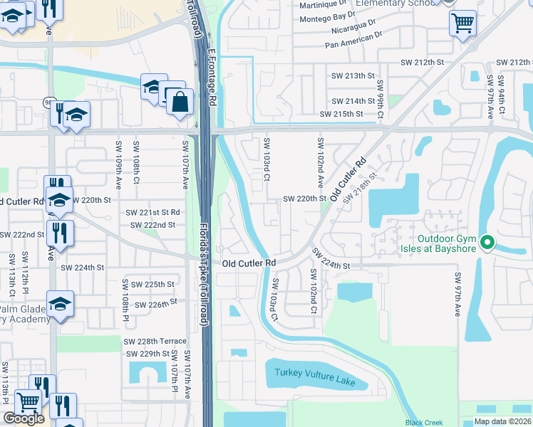 map of restaurants, bars, coffee shops, grocery stores, and more near 10370 Southwest 220th Street in Cutler Bay