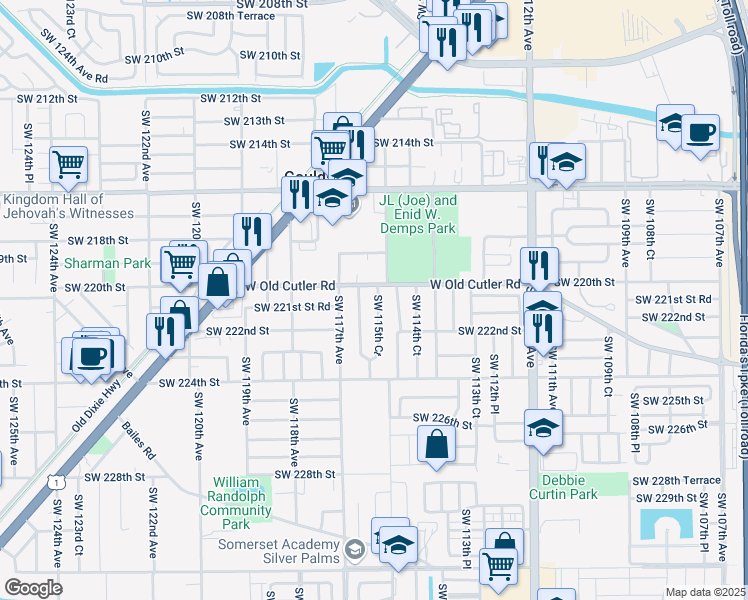 map of restaurants, bars, coffee shops, grocery stores, and more near 22110 Southwest 115th Court in Goulds