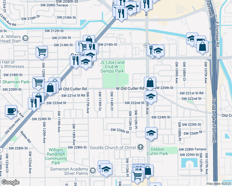 map of restaurants, bars, coffee shops, grocery stores, and more near 22020 Southwest 114th Avenue in Miami