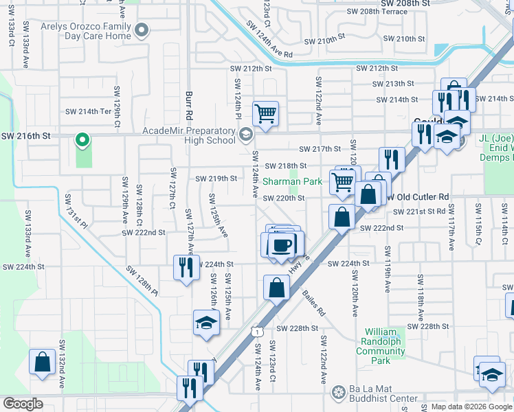 map of restaurants, bars, coffee shops, grocery stores, and more near 22101 Southwest 124th Avenue in Goulds