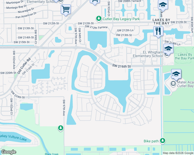 map of restaurants, bars, coffee shops, grocery stores, and more near 22130 Southwest 93rd Place in Cutler Bay