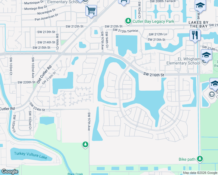 map of restaurants, bars, coffee shops, grocery stores, and more near 9468 Southwest 221st Lane in Cutler Bay
