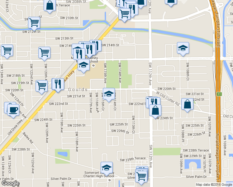 map of restaurants, bars, coffee shops, grocery stores, and more near 22110 Southwest 114th Court in Miami