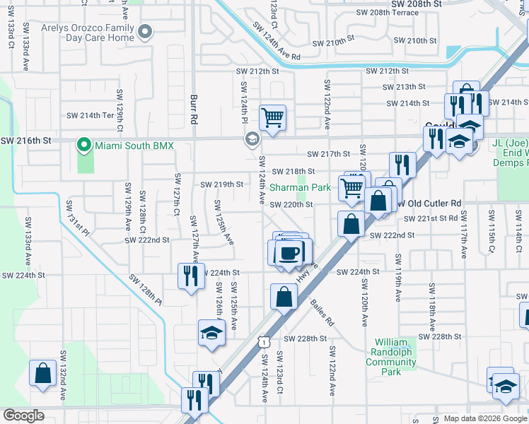 map of restaurants, bars, coffee shops, grocery stores, and more near 22101 Southwest 124th Avenue in Goulds
